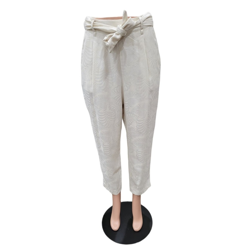 NEW H&M Ultra High Rise Jacquard Tie Waist Trouser Pants Size 10 Cream